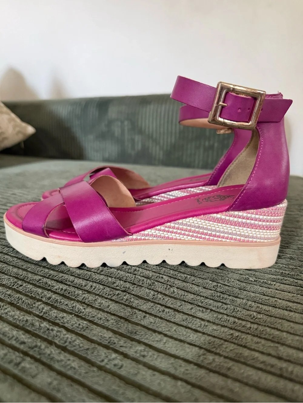 French Blu Magenta Ankle-Strap Wedge Sandals